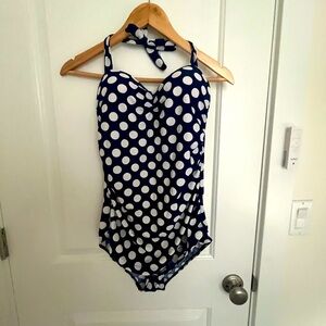 Women’s size 12 Polka Dot Halter Lined and Rouched One Piece SwimSuit
